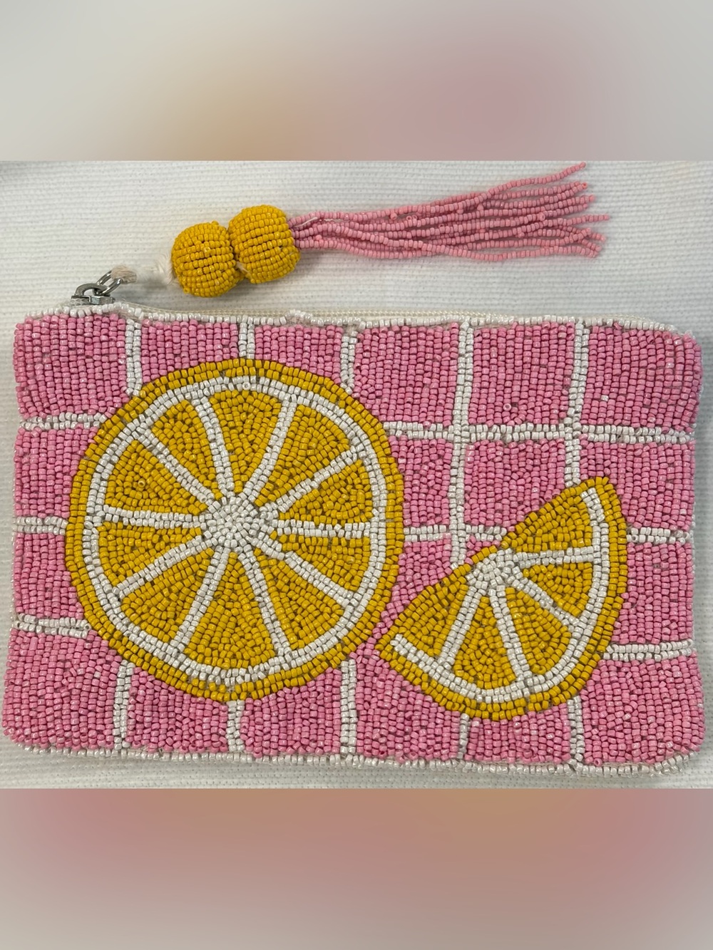NWOT Made in India Pink & Yellow Beaded Lemon Clutch Pouch